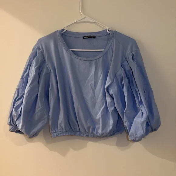 Zara Light Blue Puff Sleeve Blouse - Picture 2 of 5